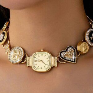 New Y2K Gold Charm Watch Necklace | CZ Statement Collier | Vintage Inspired Meda